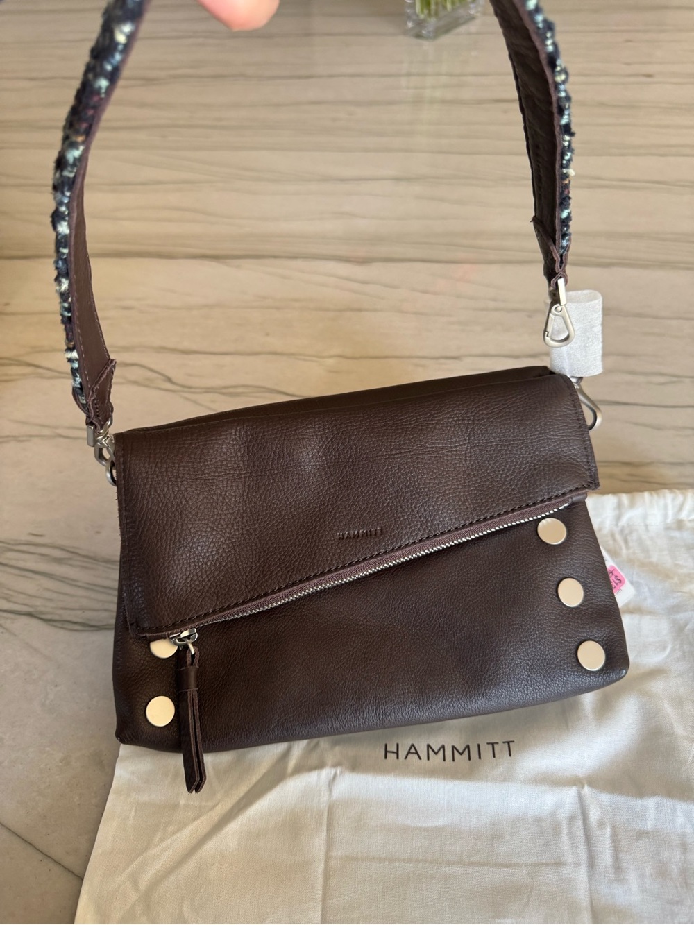 Hammitt Brown Leather & Blue Tweed Shoulder Bag - Picture 2 of 3
